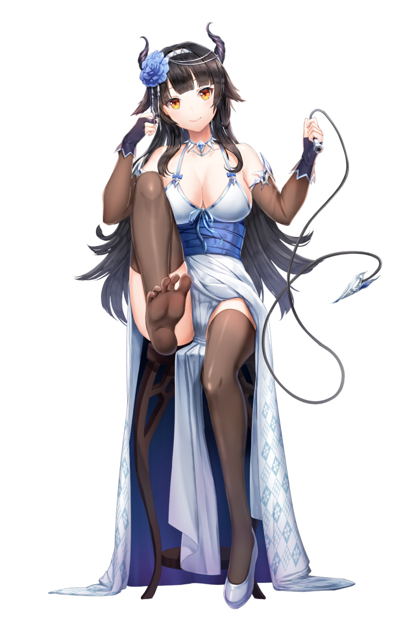 1girl bare_shoulders breasts brown_eyes brown_legwear character_request cleavage demon_girl detached_sleeves flower full_body girls_frontline hair_flower hair_ornament hairband highres horns jewelry leg_up long_hair lunacle medium_breasts necklace sitting smile soles stool succubus thigh-highs very_long_hair whip white_background white_hairband