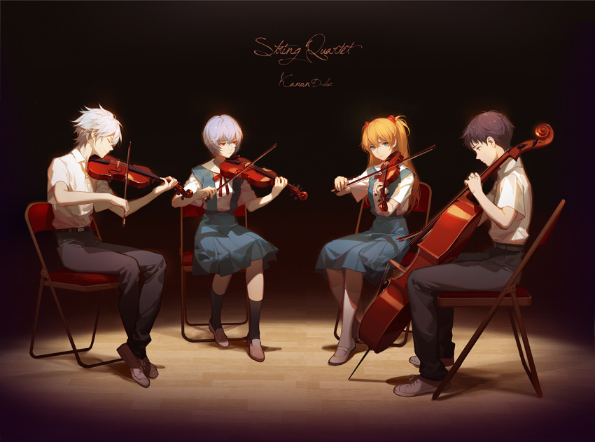 2boys 2girls ask_(askzy) ayanami_rei belt black_hair black_legwear black_pants blue_eyes blue_skirt breast_pocket brown_footwear cello chair closed_eyes closed_mouth collared_shirt commentary dark_background double_bass dress_shirt english folding_chair full_body ikari_shinji instrument kneehighs lavender_hair long_hair looking_at_viewer medium_skirt multiple_boys multiple_girls music nagisa_kaworu neck_ribbon neon_genesis_evangelion on_chair orange_hair pants playing_instrument pocket profile red_eyes red_neckwear red_ribbon revision ribbon shirt shoes short_hair short_sleeves sitting skirt smile souryuu_asuka_langley spotlight uwabaki violin white_footwear white_hair white_shirt wing_collar