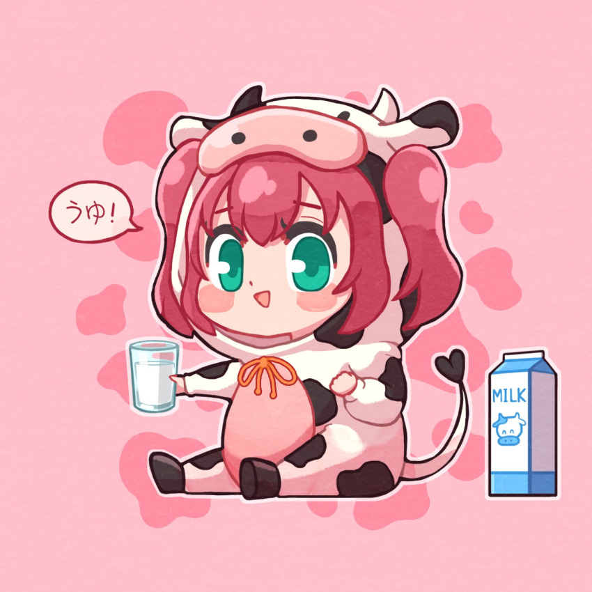 1girl :d animal_costume aqua_eyes bangs blush_stickers chibi commentary_request cosplay cow_costume cow_hood cup dodapan drawstring full_body highres holding holding_cup hood hood_up kigurumi kurosawa_ruby looking_at_viewer love_live! love_live!_sunshine!! milk_carton open_mouth outline pink_background redhead sitting smile solo two_side_up white_outline yellow_neckwear