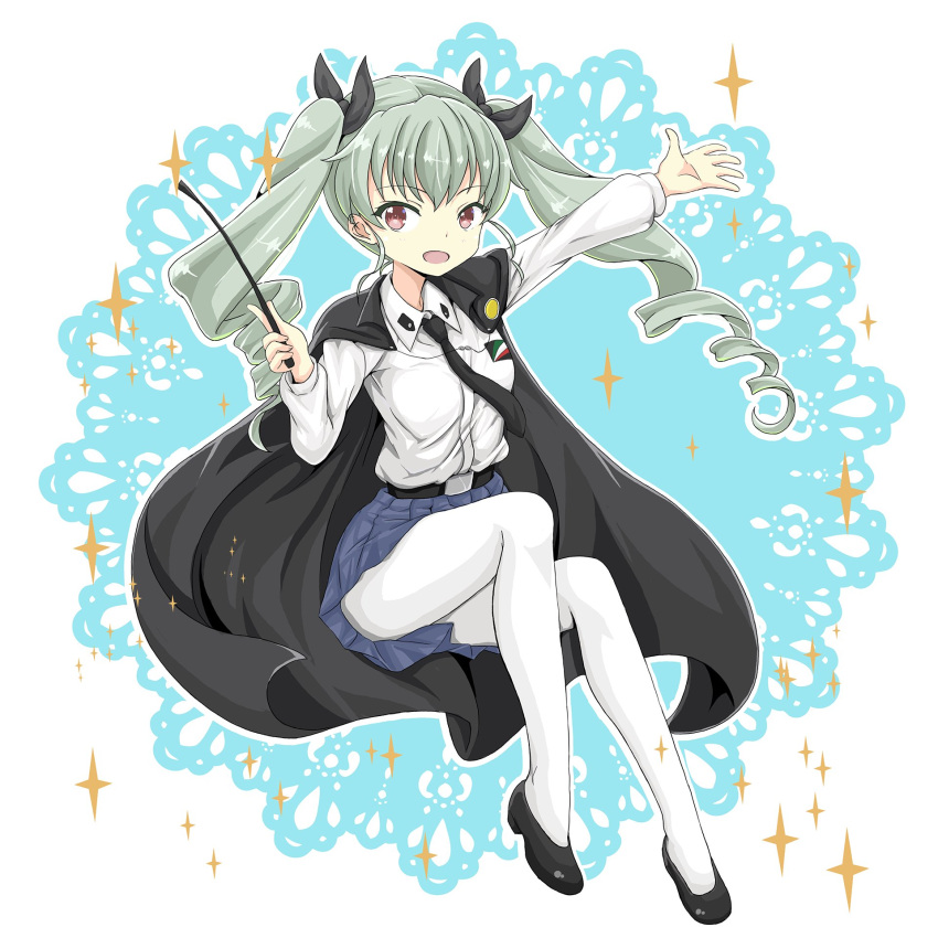 1girl anchovy anzio_school_uniform bangs belt black_belt black_cape black_footwear black_neckwear black_ribbon black_skirt cape commentary doily dress_shirt drill_hair emblem eyebrows_visible_through_hair full_body gesture girls_und_panzer green_hair hair_ribbon highres holding invisible_chair legs long_hair long_sleeves looking_at_viewer miniskirt necktie open_mouth outline pantyhose pleated_skirt red_eyes ribbon riding_crop school_uniform shibagami shirt shoes sitting skirt smile solo spread_legs twin_drills twintails white_legwear white_shirt