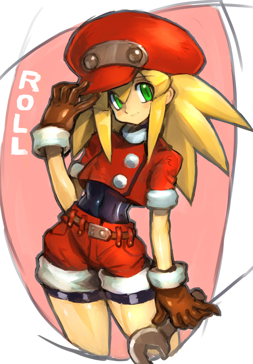 1girl absurdres adjusting_clothes adjusting_hat belt bike_shorts bike_shorts_under_shorts blonde_hair blush brown_gloves cabbie_hat capcom character_name cowboy_shot dakusuta gloves green_eyes hair_between_eyes hat head_tilt highres holding_wrench long_hair mechanic red_hat red_shorts rockman rockman_dash roll_caskett short_shorts short_sleeves shorts sidelocks smile solo wrench