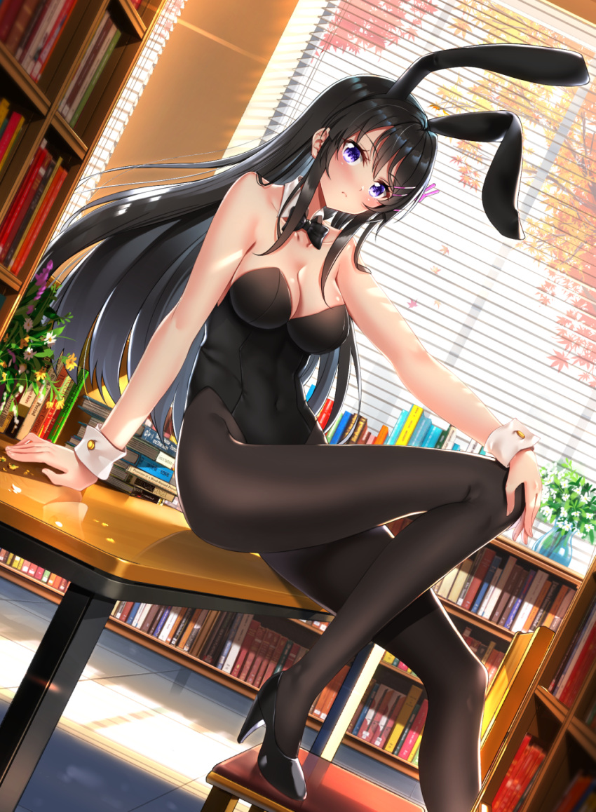 1girl animal_ears arm_support autumn_leaves bangs bare_shoulders black_footwear black_hair black_legwear black_leotard black_neckwear blinds blush book bookshelf bow bowtie breasts bunnysuit chair cleavage closed_mouth collarbone commentary_request day detached_collar eyebrows_visible_through_hair fingernails flower hair_between_eyes hand_on_own_knee head_tilt high_heels highres indoors leotard long_hair looking_at_viewer looking_to_the_side medium_breasts on_table pantyhose petals purple_flower rabbit_ears reflection sakurajima_mai seishun_buta_yarou shoes sidelocks sitting solo strapless strapless_leotard sunlight swordsouls table transparent tree vase very_long_hair violet_eyes white_collar white_flower window wing_collar wrist_cuffs yellow_flower