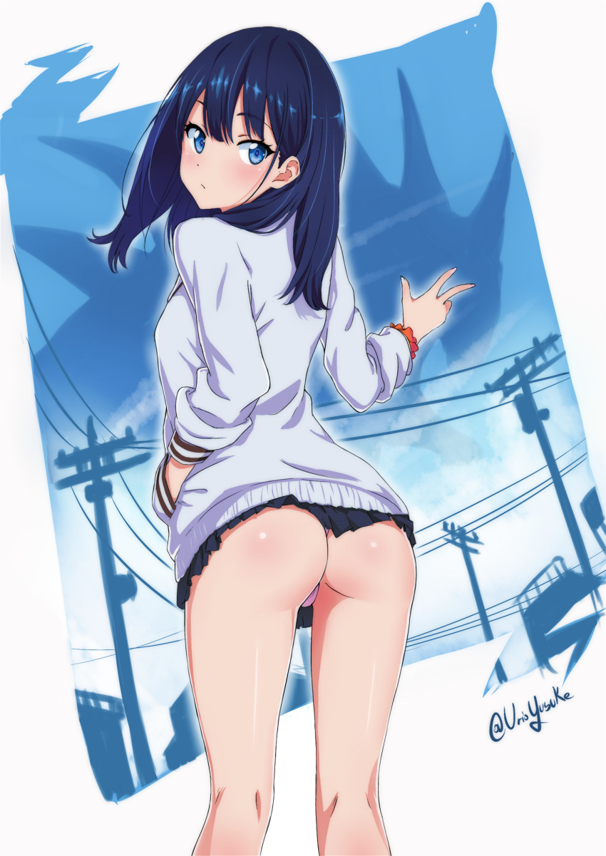 1girl ass bangs blue_eyes blue_hair blush cardigan commentary english_commentary eyebrows_visible_through_hair feet_out_of_frame from_behind hand_in_pocket highres long_hair long_sleeves looking_at_viewer looking_back microskirt panties pantyshot pantyshot_(standing) pink_panties pleated_skirt power_lines skirt solo ssss.gridman standing takarada_rikka thighs twitter_username underwear urio_yusuke w