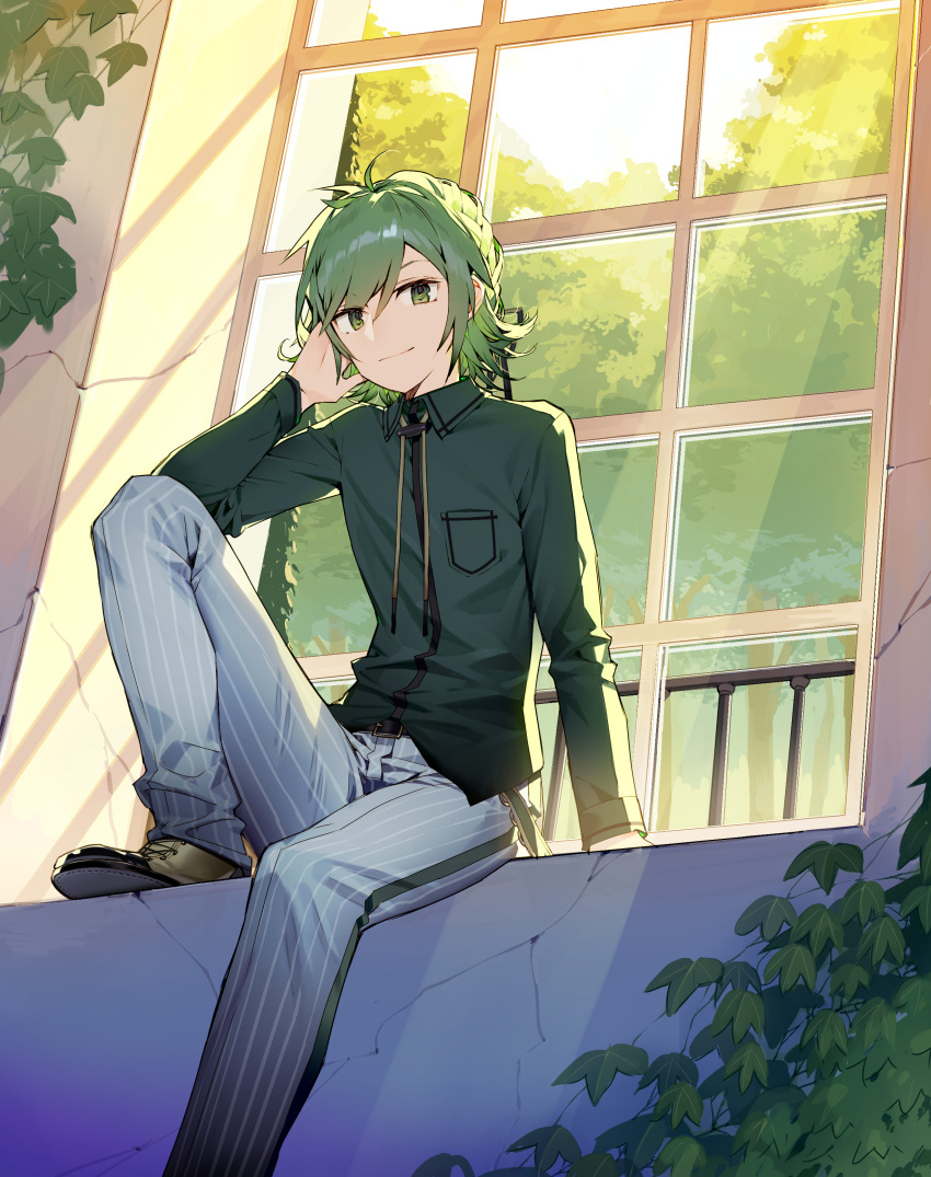 1boy absurdres brown_footwear character_request closed_mouth collared_shirt copyright_request day green_eyes green_hair highres indoors leg_up looking_at_viewer misoni_comi plant railing shirt shoes short_hair sitting smile solo vines window