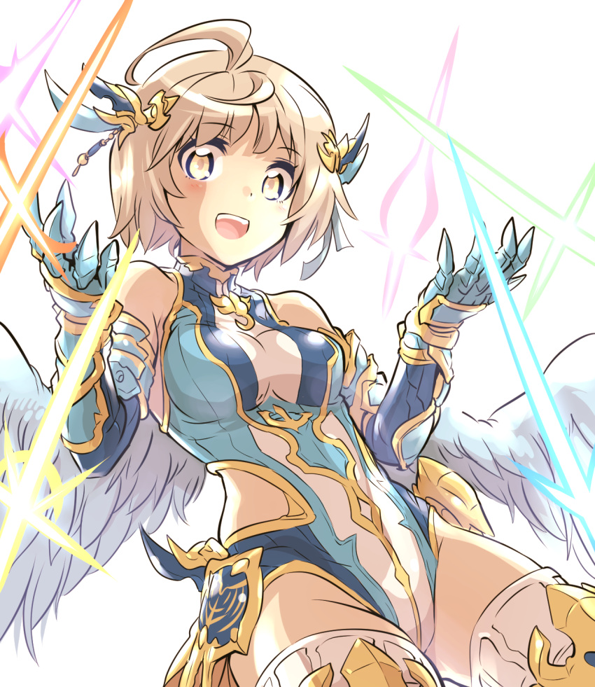 1girl armor elbow_gloves feathered_wings gloves hair_ornament highres ishiyumi leotard light_brown_hair looking_at_viewer navi_(p&amp;d) open_mouth promotions puzzle_&amp;_dragons short_hair simple_background solo thigh-highs white_background white_wings wings yellow_eyes