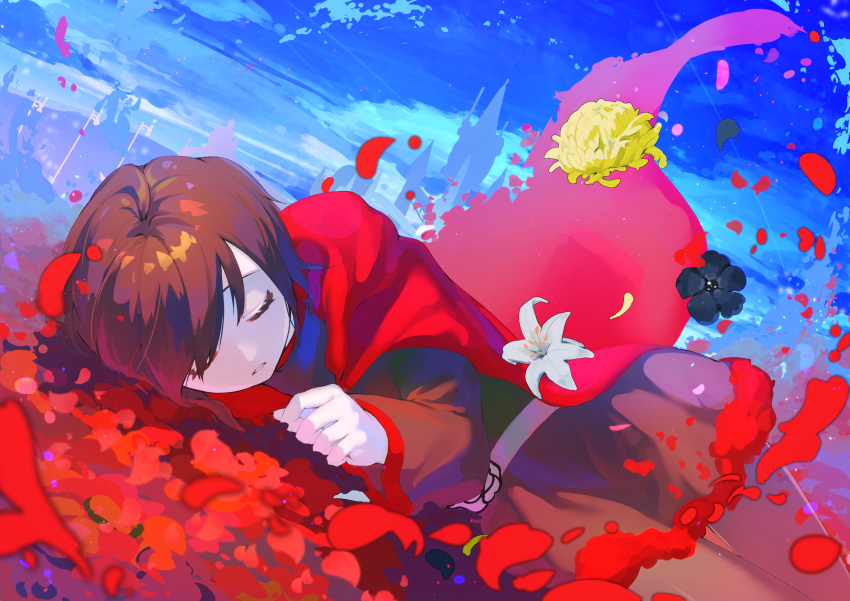 1girl absurdres black_flower brown_hair cape closed_eyes day dutch_angle flower highres hikari50503 lying on_side petals red_cape rose rose_petals ruby_rose rwby sleeping solo solo_focus white_flower yellow_flower