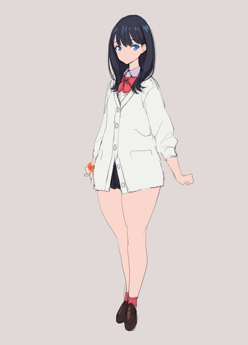 1girl absurdres bangs black_hair blue_eyes cardigan highres legs long_hair long_sleeves looking_at_viewer poin school_uniform sketch ssss.gridman takarada_rikka thighs