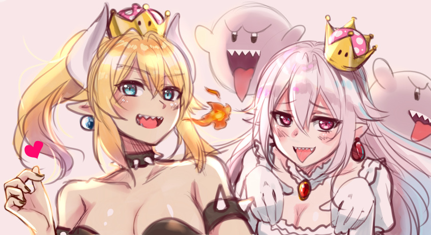 2girls :d absurdres black_nails blonde_hair blue_eyes boo bowsette breasts choker cleavage crown dress earrings elbow_gloves eyebrows_visible_through_hair fire floating_hair gloves gou_d hair_between_eyes heart highres horns huge_filesize jewelry large_breasts long_hair looking_at_viewer super_mario_bros. medium_breasts mini_crown multiple_girls nail_polish new_super_mario_bros._u_deluxe nintendo open_mouth pointy_ears ponytail princess_king_boo red_eyes short_sleeves sidelocks silver_hair smile strapless super_crown tongue tongue_out upper_body very_long_hair white_dress white_gloves