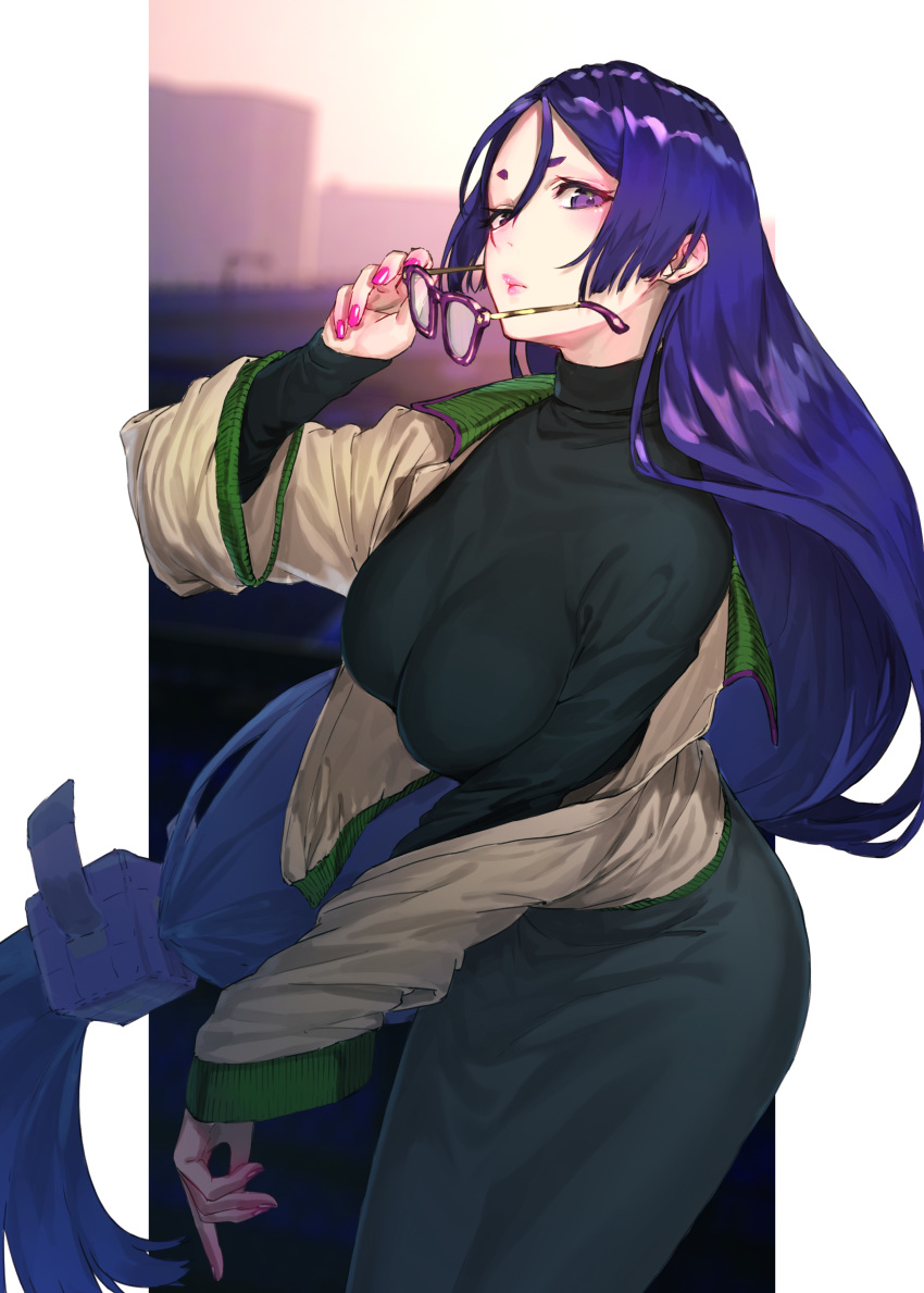 1girl absurdres alternate_costume bangs beige_jacket black_skirt black_sweater blush breasts casual closed_mouth dress fate/grand_order fate_(series) glasses highres holding holding_eyewear jacket large_breasts lips long_hair long_skirt long_sleeves looking_at_viewer low-tied_long_hair minamoto_no_raikou_(fate/grand_order) nail_polish open_clothes open_jacket parted_bangs purple_hair red_nails rolua skirt solo sweater sweater_dress turtleneck turtleneck_sweater very_long_hair violet_eyes
