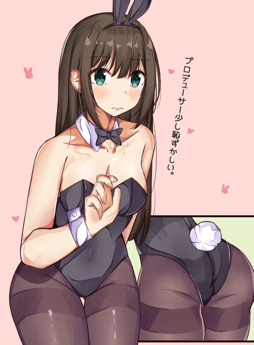 1girl absurdres animal_ears ass bangs bare_shoulders black_hairband black_leotard black_neckwear blush bow bowtie brown_hair brown_legwear bunny_girl bunnysuit closed_mouth collarbone commentary_request covered_navel detached_collar eyebrows_visible_through_hair green_eyes hair_between_eyes hairband highres idolmaster idolmaster_cinderella_girls leotard long_hair looking_at_viewer multiple_views norazura pantyhose rabbit_ears shibuya_rin strapless strapless_leotard thighband_pantyhose translation_request very_long_hair white_collar
