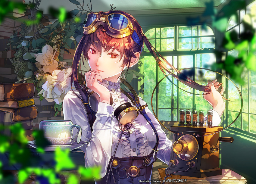 1girl asa_(y-asa) blush book book_stack breasts brown_eyes brown_hair closed_mouth cup day expressionless eyebrows_visible_through_hair flower goggles goggles_around_neck goggles_on_head indoors long_hair looking_at_viewer medium_breasts mole mole_under_eye original overalls plate solo steampunk teacup twintails window