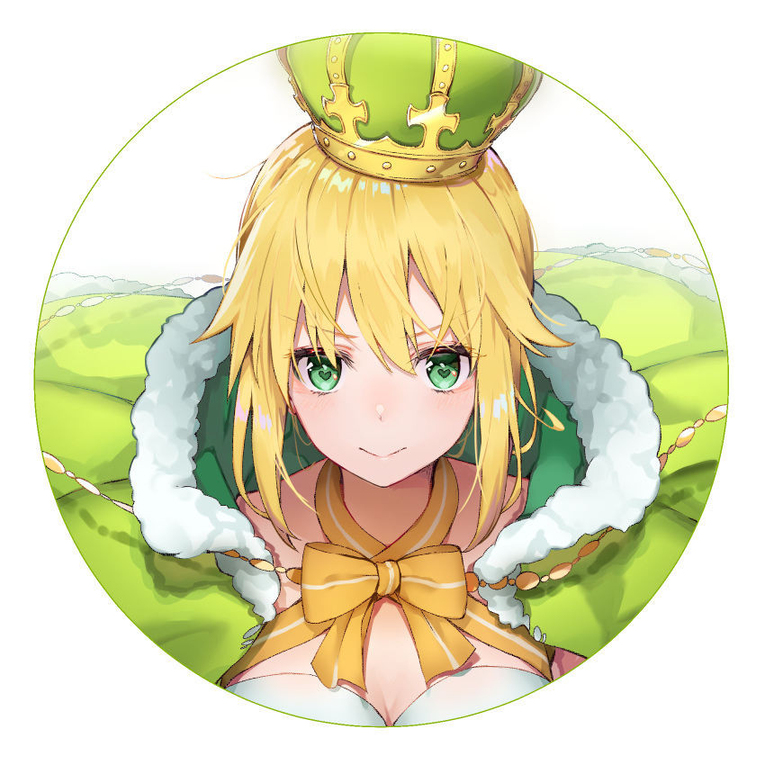 1girl artoria_pendragon_(all) artoria_pendragon_(swimsuit_archer) bangs black_cola blonde_hair bow breasts cloak closed_mouth crown eyebrows_visible_through_hair fate/grand_order fate_(series) fur-trimmed_cloak fur_trim green_cloak green_eyes hair_between_eyes heart heart-shaped_pupils highres long_hair medium_breasts sidelocks smile solo strapless strapless_swimsuit striped striped_bow swimsuit symbol-shaped_pupils white_background white_swimsuit yellow_bow