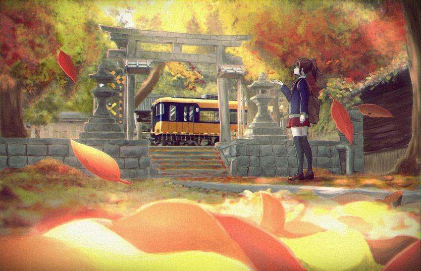 1girl autumn autumn_leaves backpack bag black_legwear brown_footwear brown_hair day from_side ground_vehicle long_sleeves looking_away minakami_tansan original outdoors pipes red_skirt scenery school_uniform short_hair short_ponytail skirt solo stairs standing stone_lantern thigh-highs torii train tree zettai_ryouiki