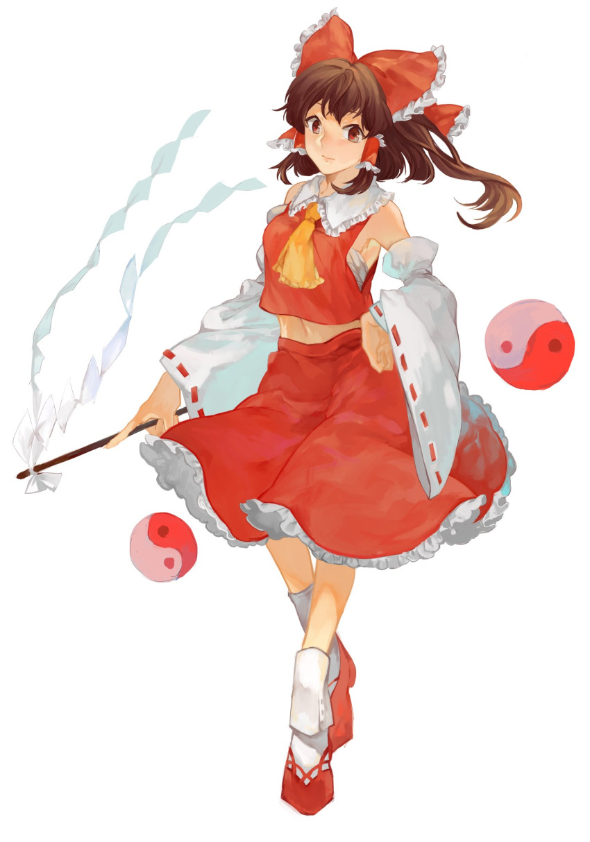 1girl ascot bangs bare_shoulders bow brown_hair closed_mouth commentary detached_sleeves frilled_bow frilled_shirt_collar frills full_body gohei hair_bow hair_tubes hakurei_reimu hand_on_hip highres holding long_sleeves looking_at_viewer medium_hair midriff navel nontraditional_miko petticoat red_bow red_eyes red_footwear red_shirt red_skirt ribbon-trimmed_sleeves ribbon_trim sarashi shidaccc shirt shoes simple_background skirt skirt_set solo standing touhou white_background white_legwear wide_sleeves yellow_neckwear yin_yang yin_yang_orb