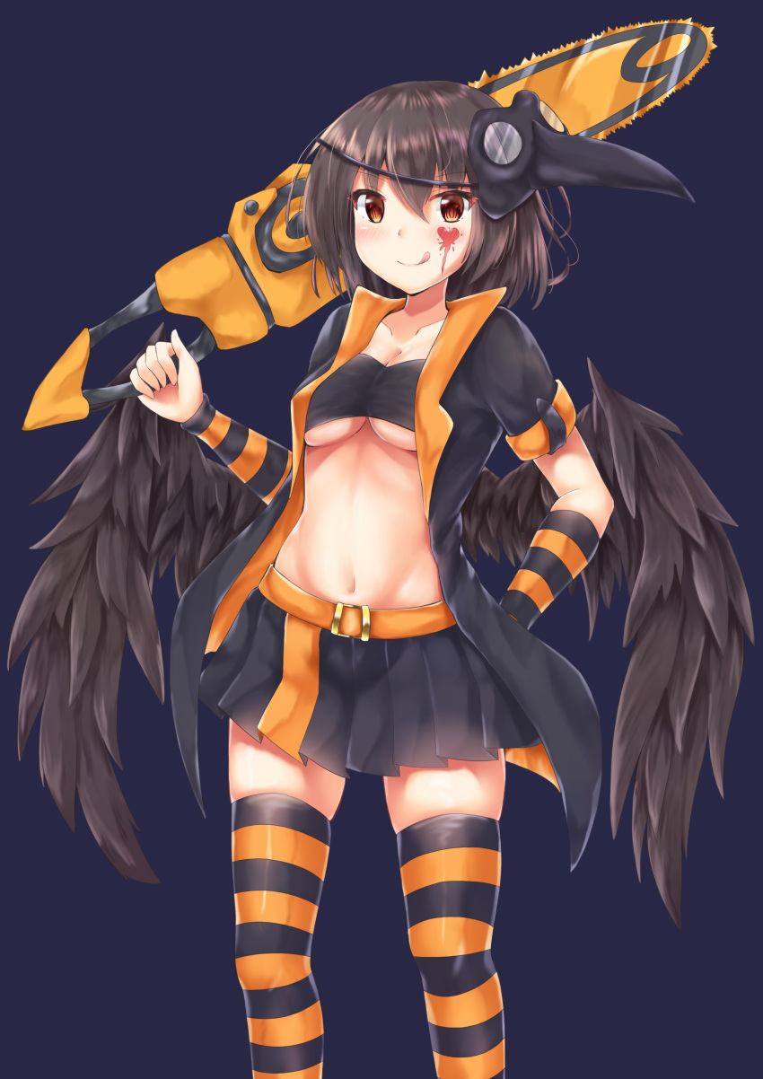 1girl :q absurdres akiteru98 alternate_costume arm_behind_back arm_warmers bandeau bangs belt black_hair black_jacket black_legwear black_skirt black_wings blue_background blush breasts chainsaw cleavage collarbone commentary_request eyebrows_visible_through_hair facial_tattoo feathered_wings feet_out_of_frame groin hair_between_eyes heart_tattoo highres holding holding_weapon jacket looking_at_viewer mask mask_on_head medium_breasts midriff miniskirt multicolored multicolored_clothes multicolored_skirt navel open_clothes open_jacket orange_belt orange_legwear orange_skirt plague_doctor_mask pleated_skirt red_eyes shameimaru_aya short_hair short_sleeves simple_background skindentation skirt smile solo standing stomach striped striped_legwear tattoo thigh-highs thighs tongue tongue_out touhou under_boob weapon wings zettai_ryouiki