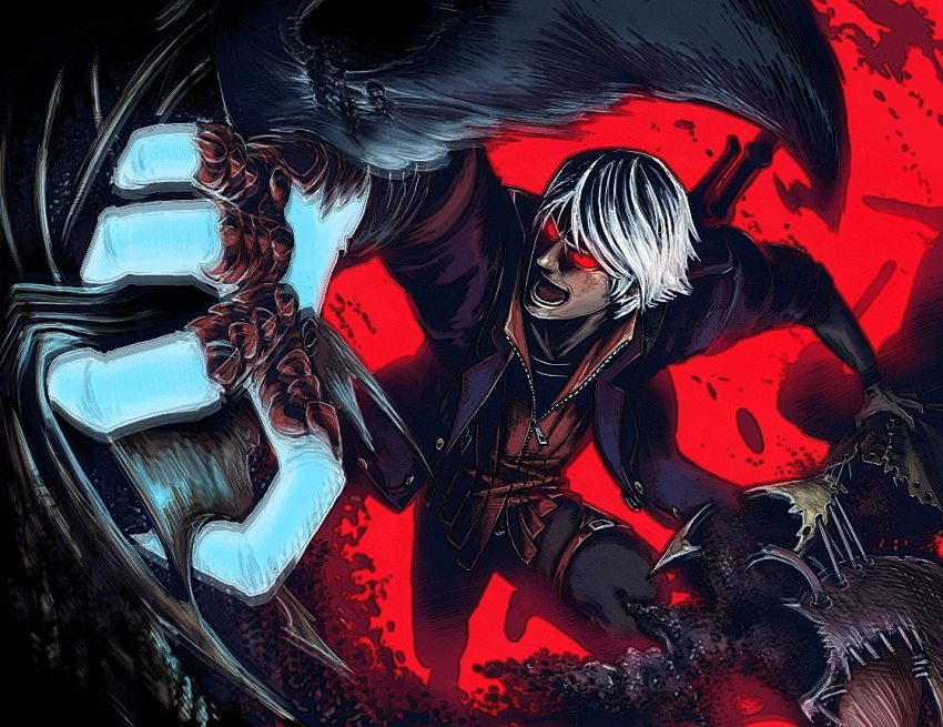 1boy buckle coat demon devil_may_cry devil_may_cry_4 glowing grabbing imosen nero_(devil_may_cry) open_mouth red_background red_eyes ripping solo sword weapon white_hair