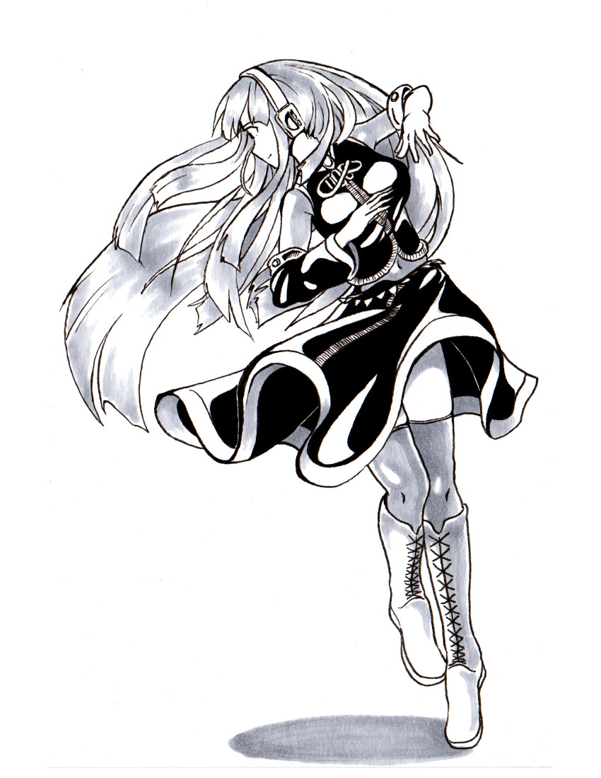 boots highres ink_(medium) knee_boots long_hair megurine_luka monochrome pompmaker1 shiny shiny_clothes traditional_media vocaloid