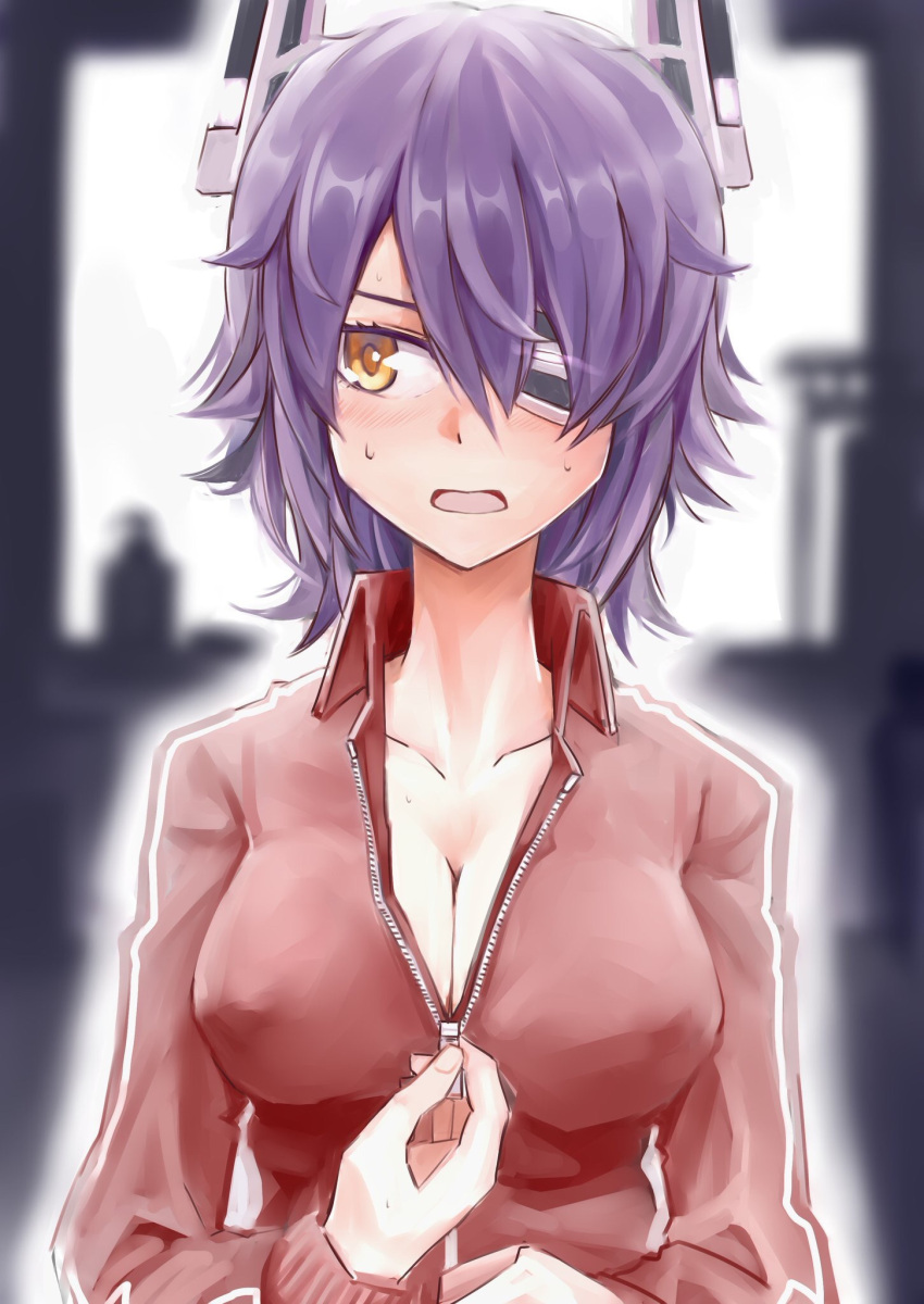 1girl alternate_costume blush breasts cleavage eyepatch hair_between_eyes headgear highres jacket kantai_collection large_breasts open_mouth purple_hair red_jacket short_hair solo sportswear sweat sweatdrop tadd_(tatd) tenryuu_(kantai_collection) yellow_eyes