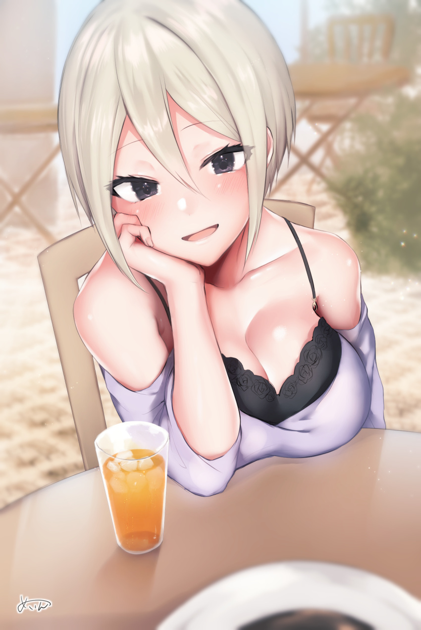 1girl arm_at_side bangs bare_shoulders black_eyes blonde_hair blurry blush breast_rest breasts casual chair cleavage collarbone cup depth_of_field drinking_glass drinking_straw earrings elbow_rest eyebrows_visible_through_hair floral_print glass hair_between_eyes head_tilt highres idolmaster idolmaster_cinderella_girls idolmaster_cinderella_girls_starlight_stage jewelry juice large_breasts looking_at_viewer off-shoulder_shirt open_mouth orange_juice parted_bangs parted_lips rose_print sakiryo_kanna shiny shiny_skin shiomi_shuuko shirt short_hair signature sitting smile solo table upper_body white_shirt