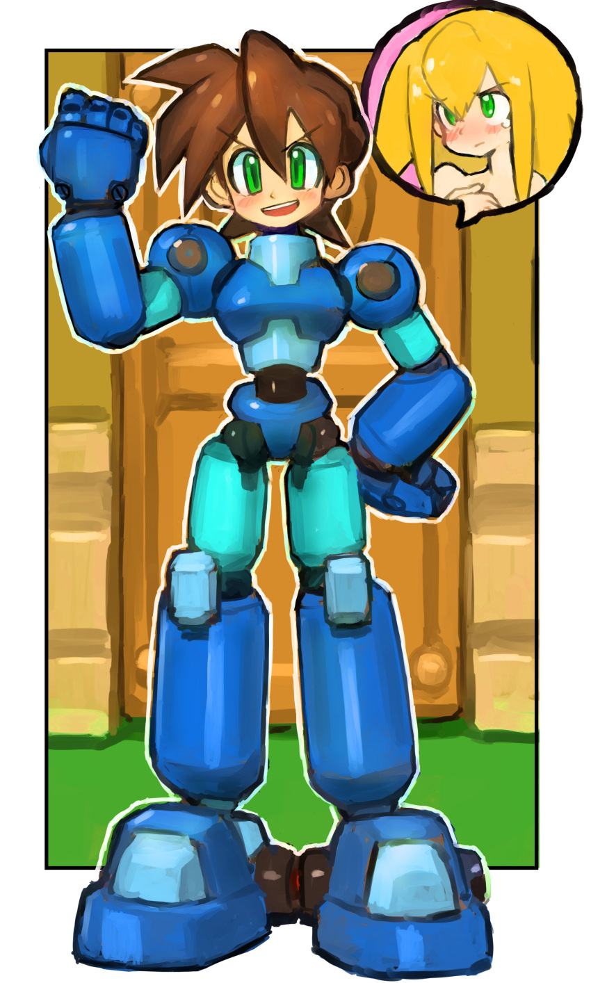 1boy 1girl absurdres android blonde_hair blush brown_hair capcom clenched_hand dakusuta door embarrassed full_body green_eyes hair_between_eyes hand_on_hip highres open_mouth outside_border rock_volnutt rockman rockman_dash roll_caskett smile solo_focus standing