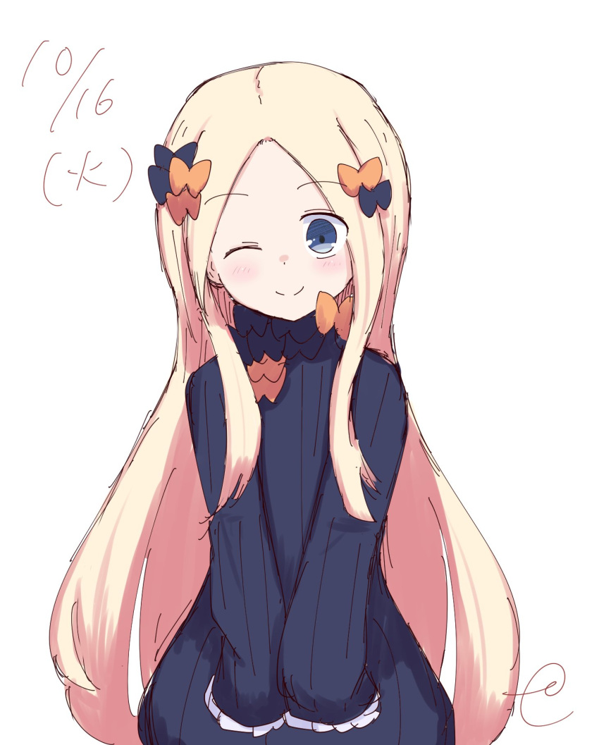 1girl ;) abigail_williams_(fate/grand_order) bangs black_bow black_dress blonde_hair blue_eyes blush bow closed_mouth commentary_request dated dress fate/grand_order fate_(series) hair_bow head_tilt highres kujou_karasuma long_hair long_sleeves no_hat no_headwear one_eye_closed orange_bow parted_bangs polka_dot polka_dot_bow signature simple_background sleeves_past_fingers sleeves_past_wrists smile solo upper_body v_arms very_long_hair white_background