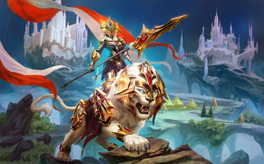 1girl alternate_costume armored_boots awilix_(smite) blue_eyes boots castle fangs flag gloves goddess helmet highres knight lion lion_tail open_mouth polearm rock simon_eckert smite solo spear tail tree weapon