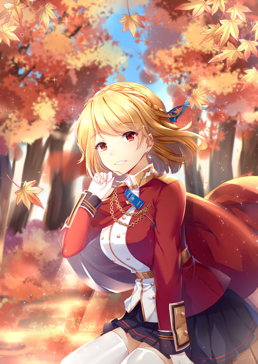 1girl absurdres arm_support autumn_leaves azur_lane bangs blonde_hair blue_sky blurry blurry_background blush braid breasts chains crown_braid day earrings eyebrows_visible_through_hair floating_hair french_braid gloves gold_trim hair_ornament hand_up highres jacket jewelry large_breasts light_particles looking_at_viewer outdoors prince_of_wales_(azur_lane) red_eyes red_jacket short_hair sidelocks sitting sky smile solo thigh-highs thighs tree white_gloves white_legwear wind yuu_li_(glass)