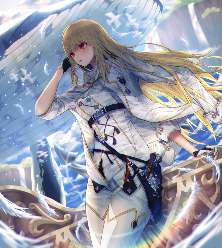 1girl arm_support arm_up bangs bird blonde_hair clouds commentary_request dlwhdals901 feathers gloves hair_between_eyes highres long_hair looking_away military military_uniform original parted_lips rainbow red_eyes sky solo standing uniform whale wind