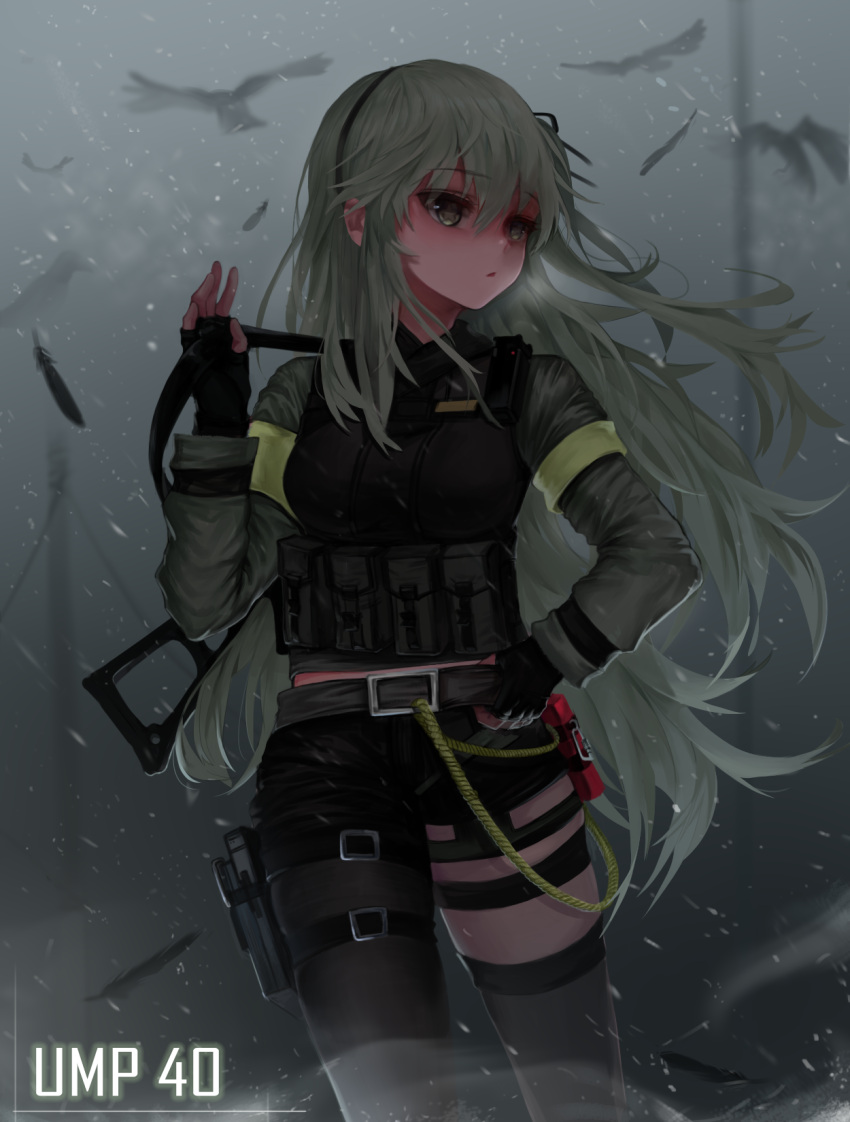 1girl asymmetrical_legwear bangs belly_peek belt belt_buckle bird black_gloves black_hairband black_legwear black_ribbon black_shorts blurry blurry_background blush breasts breath buckle bulletproof_vest character_name commentary cowboy_shot depth_of_field dokomon eyebrows_visible_through_hair feathers fingerless_gloves girls_frontline gloves green_eyes green_hair gun h&amp;k_ump hair_between_eyes hair_ribbon hairband hand_on_belt hand_up heckler_&amp;_koch highres holding holding_gun holding_weapon holster korean_commentary layered_sleeves long_hair long_sleeves looking_away looking_to_the_side medium_breasts one_side_up outdoors parted_lips pouch ribbon rope short_shorts shorts snowing solo star star-shaped_pupils submachine_gun symbol-shaped_pupils thigh-highs thigh_strap ump40_(girls_frontline) very_long_hair weapon winter