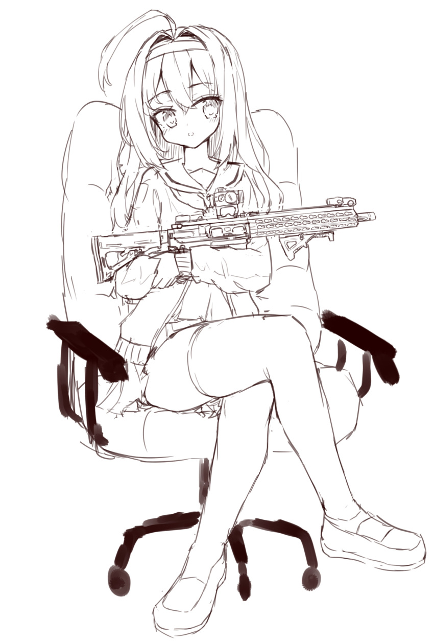 1girl absurdres ahoge bangs blush chair commentary_request eyebrows_visible_through_hair full_body greyscale gun hair_between_eyes hair_intakes hairband head_tilt highres holding holding_gun holding_weapon jacket legs_crossed loafers long_hair long_sleeves monochrome office_chair on_chair open_clothes open_jacket original parted_lips pleated_skirt sailor_collar shoes simple_background sitting sketch skirt solo tandohark thigh-highs weapon weapon_request white_background