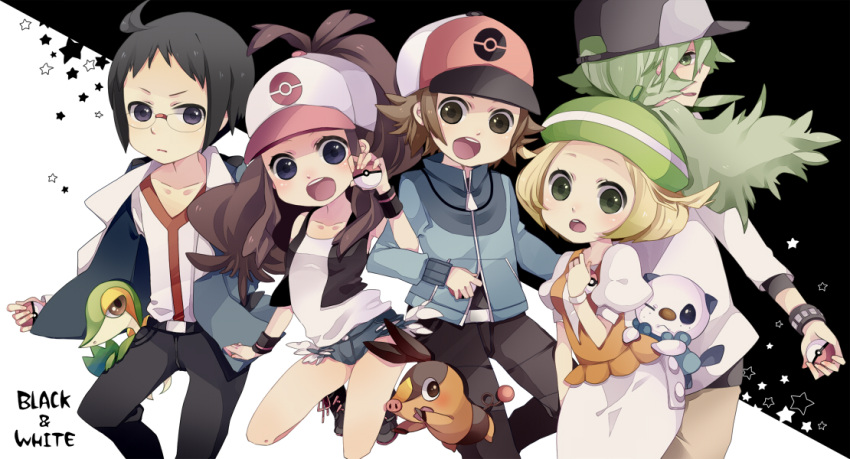 2girls 3boys :d ahoge baseball_cap bel_(pokemon) black_hair blonde_hair blue_eyes blue_jacket breasts brown_hair character_request cheren_(pokemon) commentary_request creatures_(company) game_freak gen_5_pokemon green_eyes hat jacket long_hair looking_at_viewer mata multiple_boys multiple_girls n_(pokemon) nintendo open_mouth poke_ball pokemon pokemon_(creature) pokemon_(game) pokemon_bw short_hair short_shorts shorts smile touko_(pokemon) touya_(pokemon)