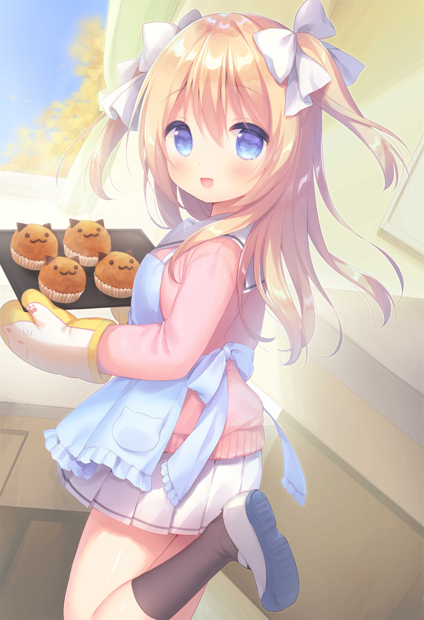 1girl :d animal_print apron bangs black_legwear blonde_hair blue_apron blue_eyes blush bow cat_print cupcake day emori_el emori_miku_project eyebrows_visible_through_hair fang food frilled_apron frills from_side hair_bow highres holding holding_tray indoors kneehighs leg_up long_hair looking_at_viewer miniskirt official_art open_mouth oven_mitts pink_sweater pleated_skirt school_uniform serafuku shoe_soles shoes skirt smile solo standing sweater themed_object tray two_side_up usashiro_mani uwabaki white_bow white_skirt window