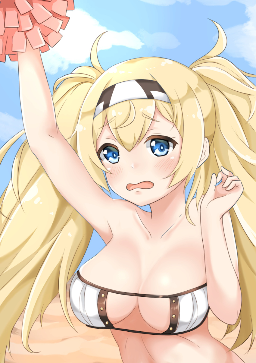 1girl alternate_costume blonde_hair blue_eyes blue_sky blush breasts clouds eyebrows_visible_through_hair gambier_bay_(kantai_collection) hair_between_eyes hairband hakumenman hand_up highres kantai_collection large_breasts open_mouth sky solo swimsuit twintails