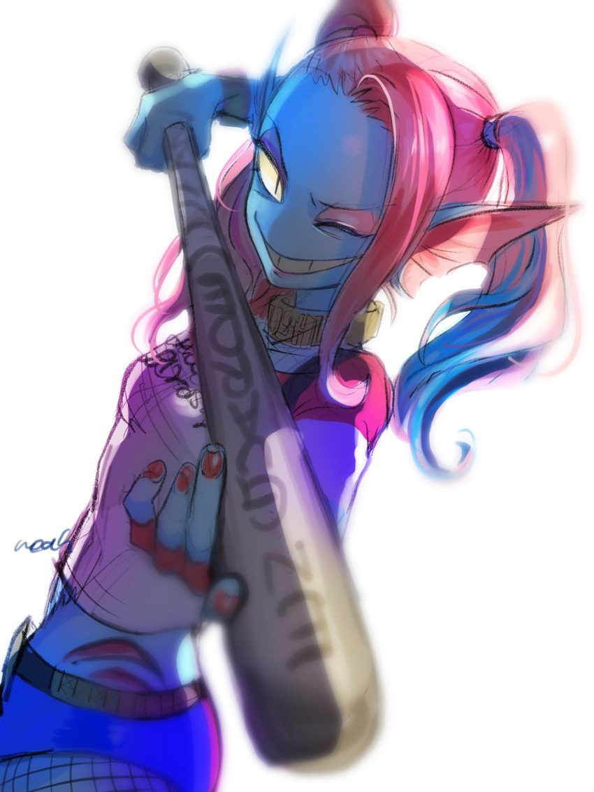 1girl baseball_bat breasts cosplay dc_comics harley_quinn harley_quinn_(cosplay) highres jacket long_hair looking_at_viewer makeup multicolored_hair noaharbre shirt shorts smile solo suicide_squad teeth twintails undertale undyne yellow_sclera