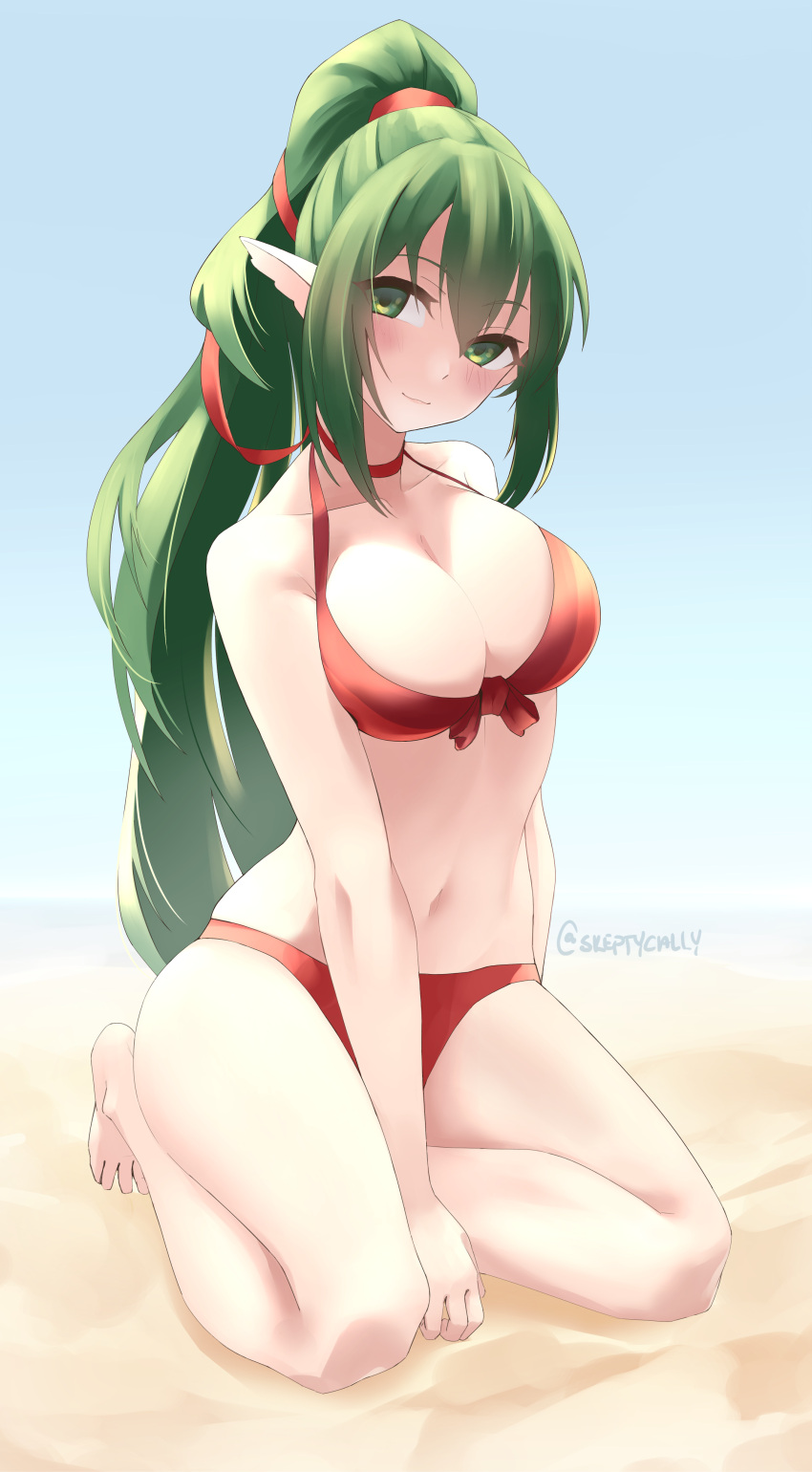1girl absurdres beach bikini blue_sky breasts chiki cleavage closed_mouth cute fire_emblem fire_emblem:_kakusei fire_emblem_awakening fire_emblem_heroes full_body green_eyes green_hair hair_ribbon highres intelligent_systems long_hair mamkute manakete medium_breasts navel nintendo outdoors pointy_ears ponytail red_bikini ribbon sketchy sky solo summer swimsuit tiki_(fire_emblem) twitter_username