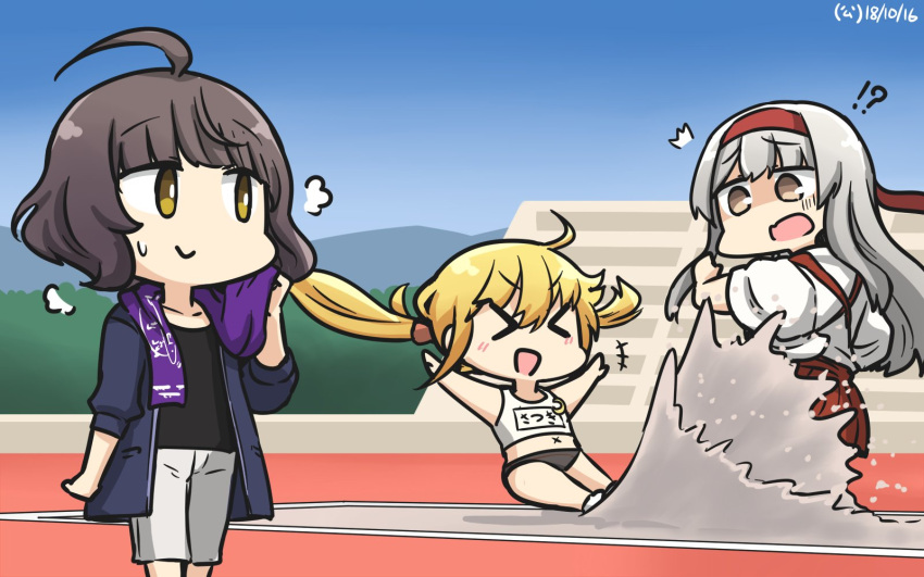 !? +++ 3girls ahoge alternate_costume black_jacket blonde_hair brown_eyes brown_hair collarbone dated eyebrows_visible_through_hair hair_between_eyes hakama hakama_skirt hamu_koutarou headband highres jacket japanese_clothes kantai_collection kishinami_(kantai_collection) long_hair multiple_girls name_tag navel open_mouth pants red_hakama red_headband sand satsuki_(kantai_collection) short_hair shoukaku_(kantai_collection) smile twintails v-shaped_eyebrows white_hair white_pants