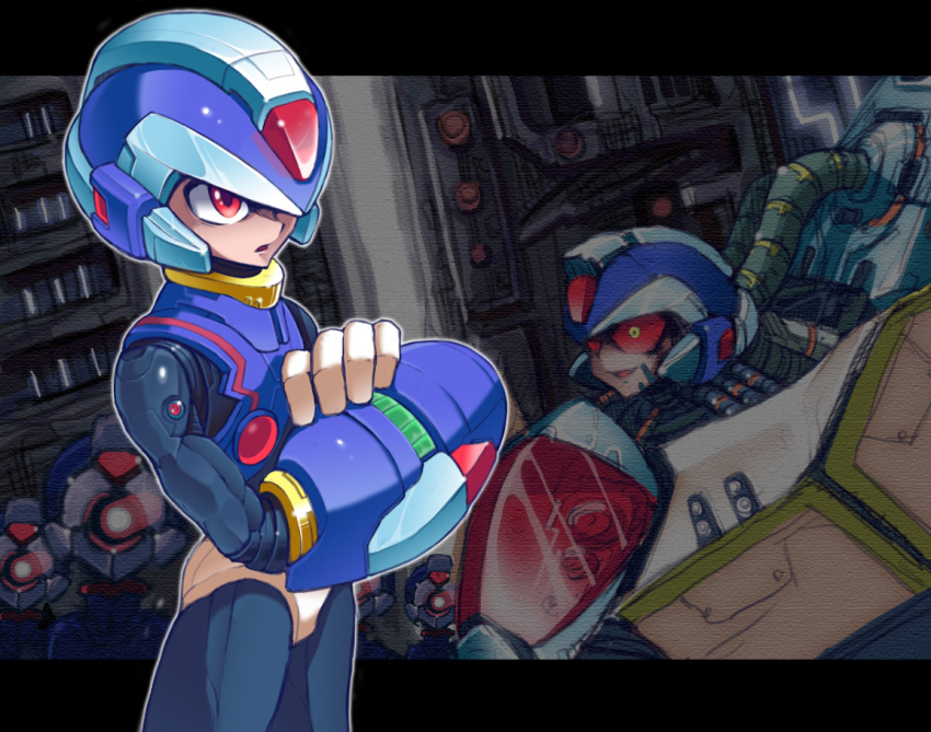 1boy alternate_form android arm_cannon black_border border capcom cockpit copy_x cowboy_shot gloves grin helmet male_focus red_eyes rockman rockman_zero serious smile solo weapon white_gloves yuusuke_(5yusuke3)