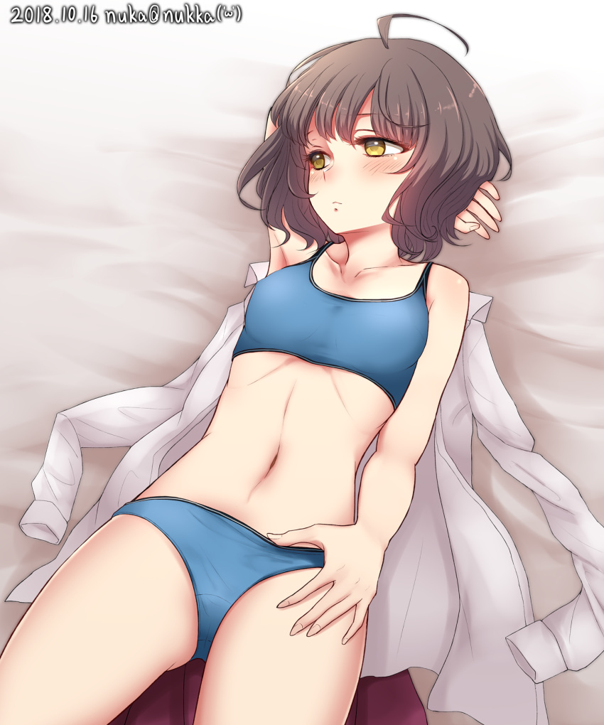 1girl blue_bra blue_panties blush bra breasts brown_hair closed_mouth eyebrows_visible_through_hair highres kantai_collection kishinami_(kantai_collection) long_sleeves lying nuka_(nvkka) open_clothes panties shirt short_hair small_breasts solo sports_bra underwear wavy_hair white_shirt yellow_eyes