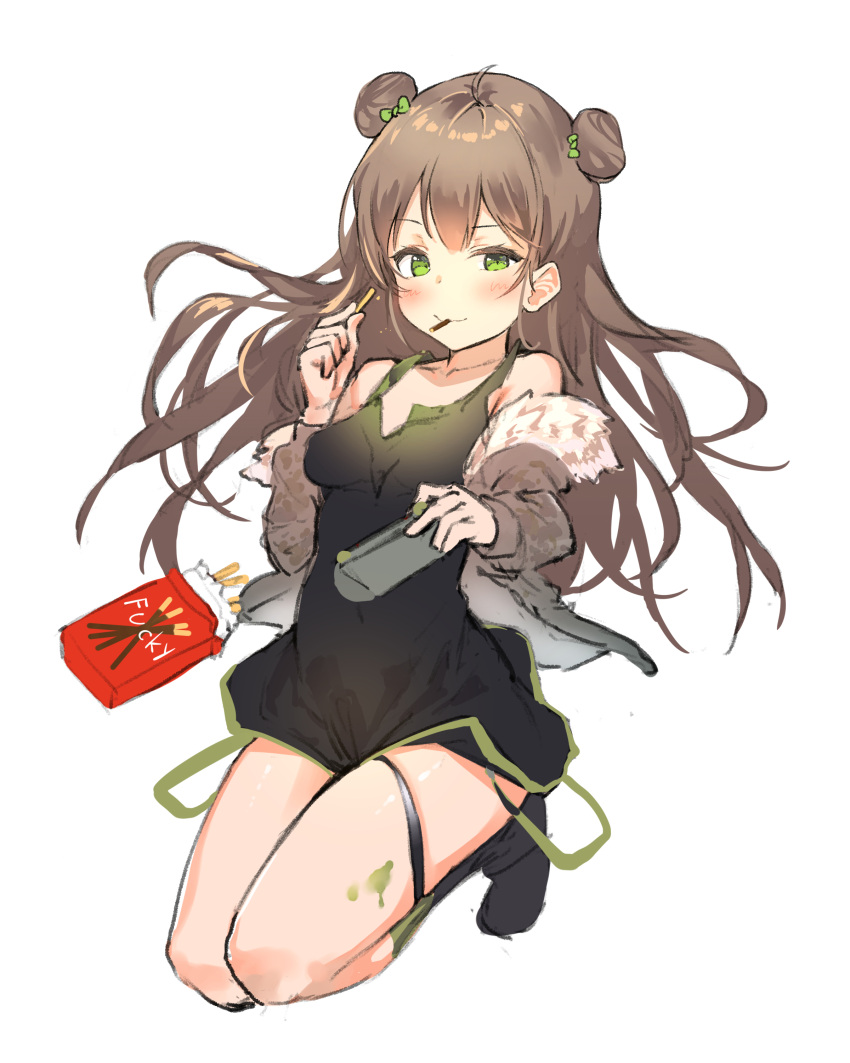 1girl aak absurdres ahoge bare_shoulders black_dress black_legwear blush bow brand_name_imitation breasts brown_hair brown_jacket closed_mouth collarbone double_bun dress food food_in_mouth fur-trimmed_jacket fur_trim girls_frontline green_bow green_eyes hair_bow handheld_game_console highres holding_handheld_game_console jacket kneehighs kneeling long_hair long_sleeves looking_at_viewer mouth_hold off_shoulder pocky rfb_(girls_frontline) side_bun simple_background sketch small_breasts smile solo uneven_eyes very_long_hair white_background