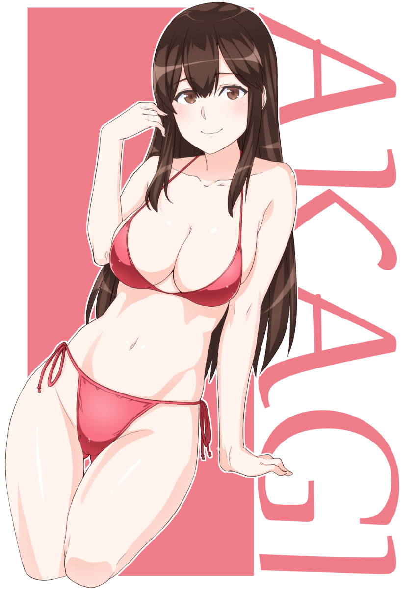 1girl akagi_(kantai_collection) bangs bikini blush breasts brown_eyes brown_hair character_name cleavage closed_mouth collarbone commentary_request cowboy_shot cropped_legs gluteal_fold hand_in_hair highres igarashi_(igarashi_346) kantai_collection large_breasts leaning_to_the_side long_hair looking_at_viewer navel partial_commentary red_bikini side-tie_bikini smile solo standing straight_hair swimsuit thigh_gap thighs