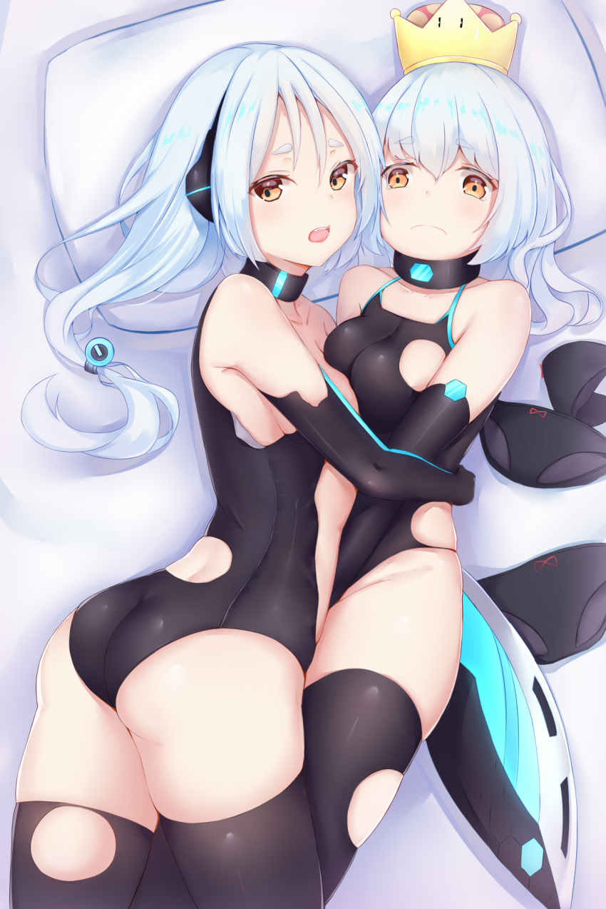 2girls ass asymmetrical_docking bangs bare_shoulders bed_sheet black_gloves black_legwear black_leotard black_panties blue_hair bow bow_panties breast_press breasts brown_eyes character_request closed_mouth commentary_request crown elbow_gloves eyebrows_visible_through_hair filings_(ailuo_c) gloves hair_between_eyes hair_ornament highres hug leotard long_hair low-tied_long_hair lying super_mario_bros. medium_breasts mini_crown multiple_girls new_super_mario_bros._u_deluxe nintendo on_back on_side open_mouth panties panties_removed pillow short_eyebrows super_crown thick_eyebrows thigh-highs torn_clothes torn_leotard torn_thighhighs underwear very_long_hair zhan_jian_shao_nyu