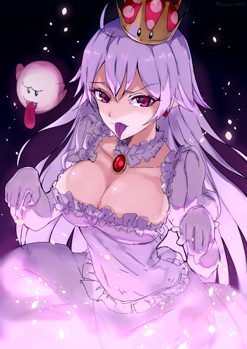 1girl absurdres bangs boo breasts choker cleavage closed_mouth collar commentary crown dress earrings elbow_gloves eyebrows_visible_through_hair frilled_choker frilled_collar frilled_dress frills ghost_pose gloves highres jewelry large_breasts lavender_hair light_particles long_dress long_hair long_tongue looking_at_viewer luigi's_mansion super_mario_bros. matsukan_(dug_pile) mini_crown new_super_mario_bros._u_deluxe nintendo pendant princess_king_boo puffy_short_sleeves puffy_sleeves purple_tongue short_sleeves smile solo standing super_crown tilted_headwear tongue upper_body violet_eyes white_choker white_dress white_gloves wind