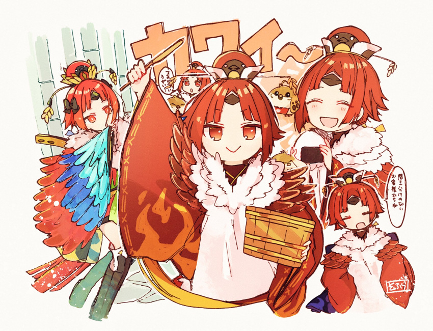 1girl :&gt; :d ^_^ animal arm_up bamboo benienma_(fate/grand_order) bird blush brown_eyes brown_hair brown_hat brown_kimono closed_eyes closed_eyes closed_mouth commentary_request fate/grand_order fate_(series) food hat highres holding holding_food japanese_clothes kimono long_sleeves looking_at_viewer multiple_views onigiri open_mouth red_hat redhead smile sofra translation_request wide_sleeves