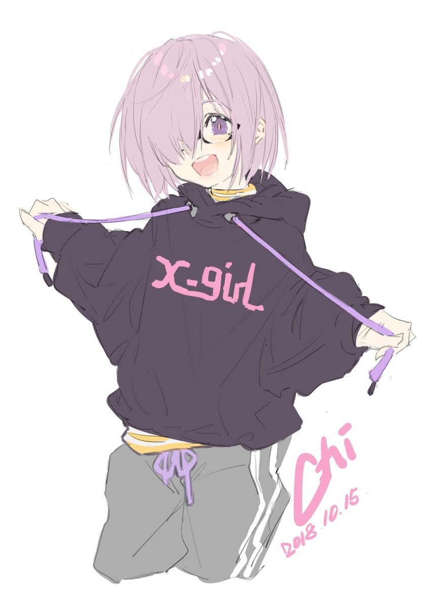 1girl :d alternate_costume bangs black-framed_eyewear black_hoodie commentary_request cowboy_shot dated drawstring fate/grand_order fate_(series) glasses grey_pants hair_over_one_eye head_tilt highres holding hood hood_down hoodie long_sleeves looking_at_viewer mash_kyrielight open_mouth pants pink_hair round_teeth signature simple_background sketch smile solo sweatpants teeth upper_teeth violet_eyes white_background xiao_chichi