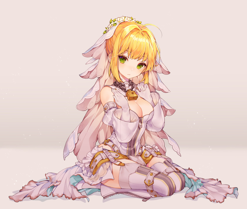 1girl absurdres ahoge belt blonde_hair blush breasts bridal_veil burnt_clothes cleavage closed_mouth elbow_gloves expressionless eyebrows_visible_through_hair fate/extra fate/extra_ccc fate/grand_order fate_(series) gloves gradient gradient_background green_eyes ha_youn highres large_breasts lock looking_at_viewer nero_claudius_(bride)_(fate) nero_claudius_(fate)_(all) seiza short_hair sitting skirt solo veil white_gloves white_skirt zipper zipper_pull_tab