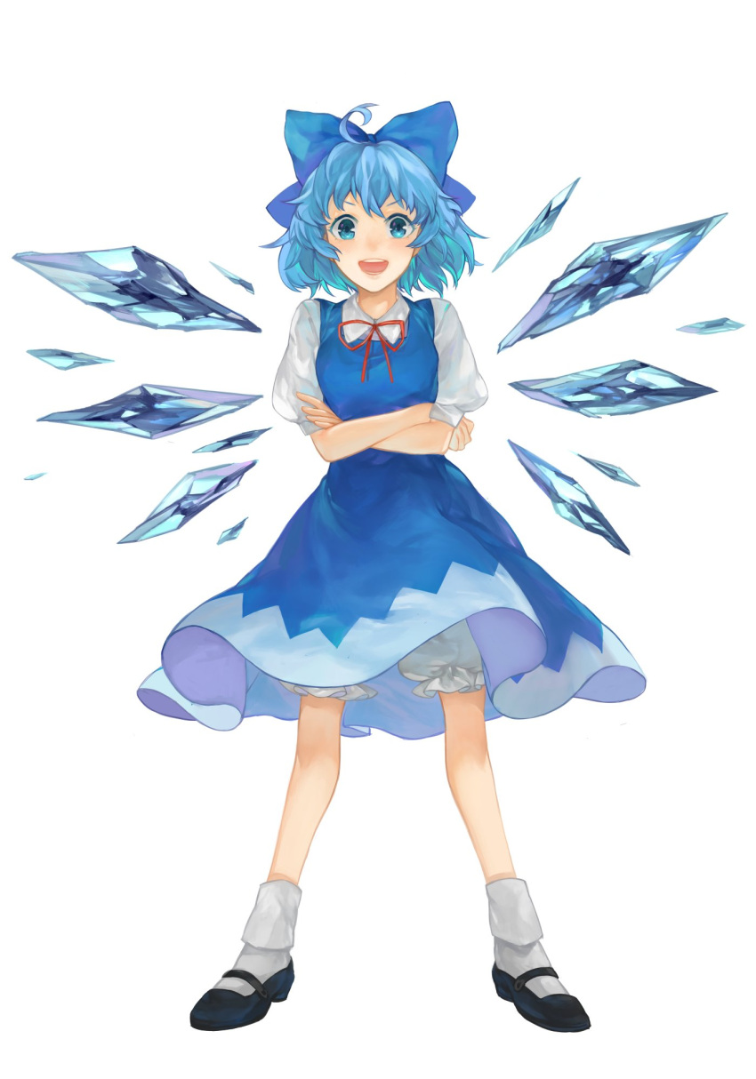 1girl :d ahoge black_footwear bloomers blue_bow blue_dress blue_eyes blue_hair bobby_socks bow cirno collared_shirt commentary crossed_arms dress full_body hair_bow highres ice ice_wings legs_apart looking_at_viewer mary_janes neck_ribbon open_mouth puffy_short_sleeves puffy_sleeves red_ribbon ribbon shidaccc shirt shoes short_hair short_sleeves simple_background smile socks solo standing touhou underwear v-shaped_eyebrows white_background white_shirt wing_collar wings