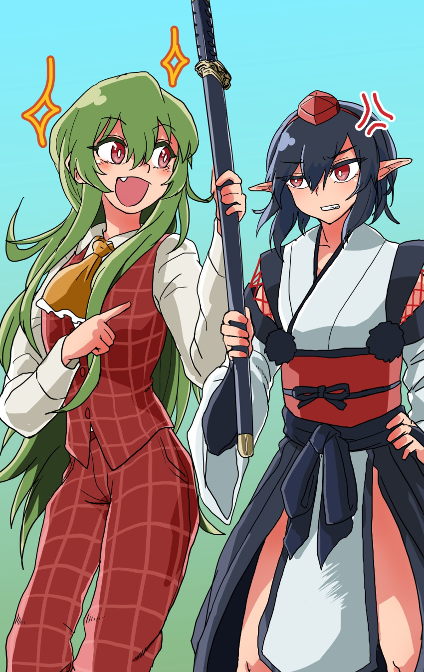 2girls alternate_costume aqua_background ascot black_hair blue_background blush commentary detached_sleeves fang gradient gradient_background green_background green_hair hair_between_eyes hand_on_hip hat highres holding japanese_clothes kazami_yuuka kazami_yuuka_(pc-98) long_hair long_sleeves looking_at_another multiple_girls open_mouth pants plaid plaid_pants plaid_vest pointy_ears red_eyes retora shameimaru_aya sheath sheathed short_hair sparkle sword tokin_hat touhou touhou_(pc-98) very_long_hair vest weapon yellow_neckwear