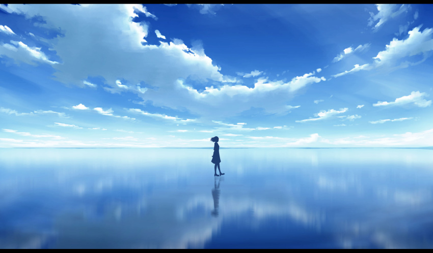 1girl blue_sky clouds cloudy_sky commentary_request day dress fantasy highres horizon kijineko letterboxed long_hair ocean original outdoors partial_commentary reflection scenery shoes silhouette sky solo sunlight walking walking_on_liquid