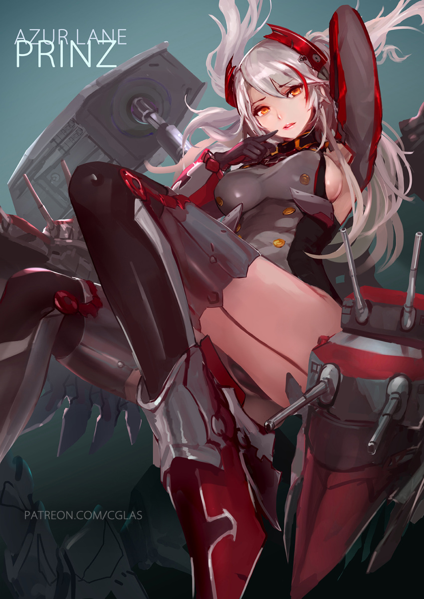 1girl arm_up azur_lane bangs black_gloves black_legwear blue_background breasts cglas character_name copyright_name eyebrows_visible_through_hair full_body gloves hair_between_eyes highres iron_cross large_breasts long_hair looking_at_viewer mole multicolored_hair orange_eyes parted_lips prinz_eugen_(azur_lane) redhead silver_hair solo streaked_hair thigh-highs thighs two_side_up very_long_hair watermark web_address