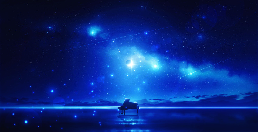 blue clouds commentary_request fantasy grand_piano highres horizon instrument kijineko lens_flare light_particles moon night night_sky no_humans ocean original outdoors piano reflection scenery shooting_star sky star_(sky) starry_sky